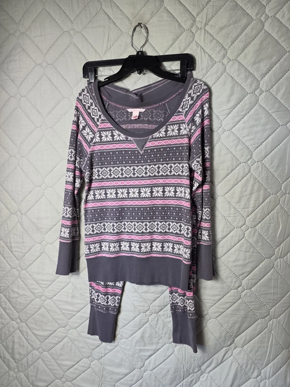 Victoria's Secret Cozy Gray & Pink Fair Isle Pajama Set Sz Small